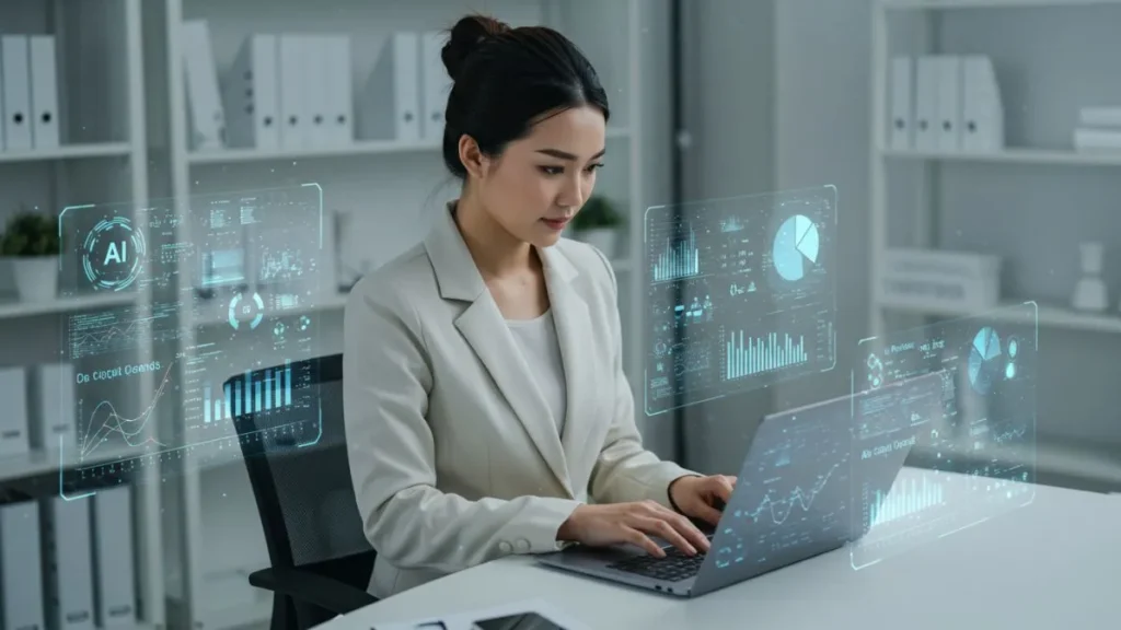 Mulher trabalhando com inteligência artificial financeira