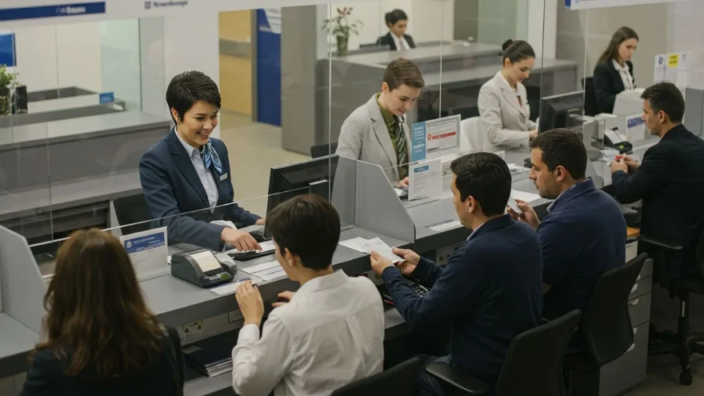 Atendente do banco em atendendo os clientes 