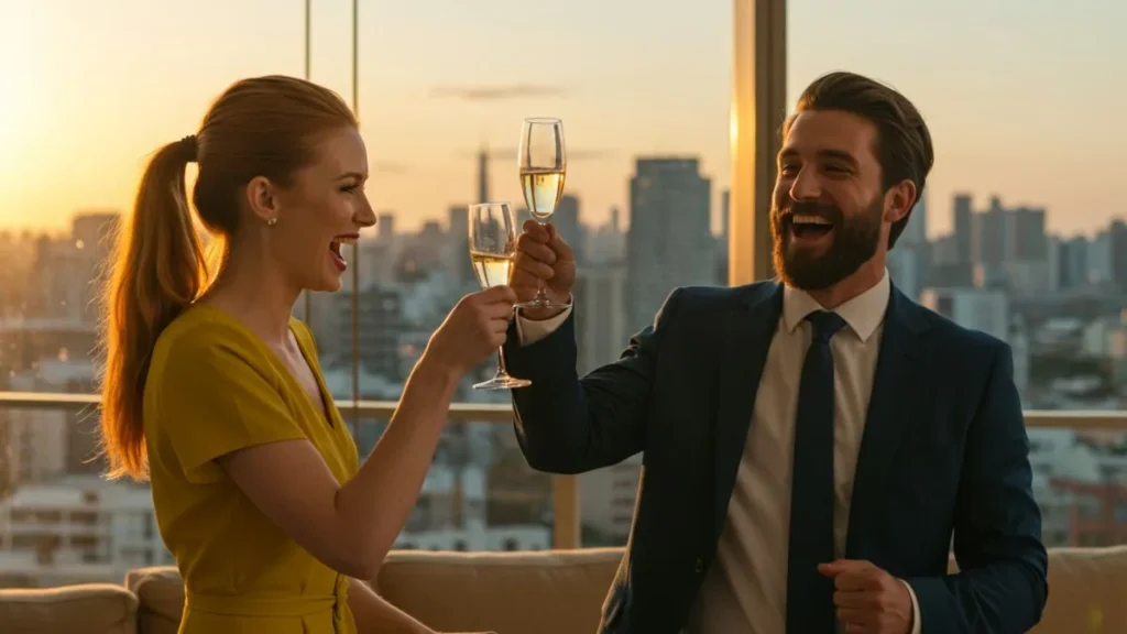 Casal comemorando sua vitória financeira