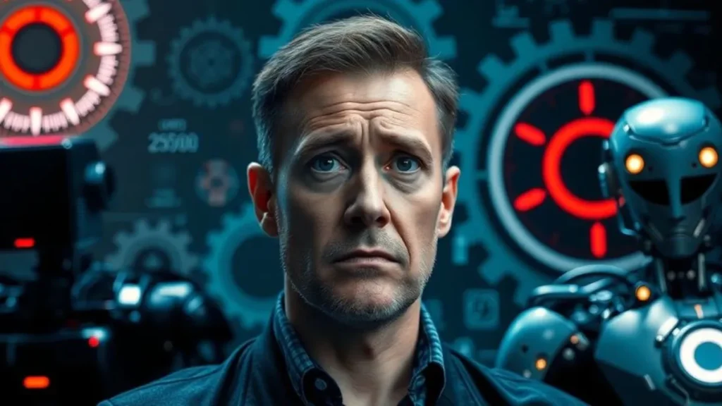 Pessoa preocupada com tecnologia avançada ao redor.